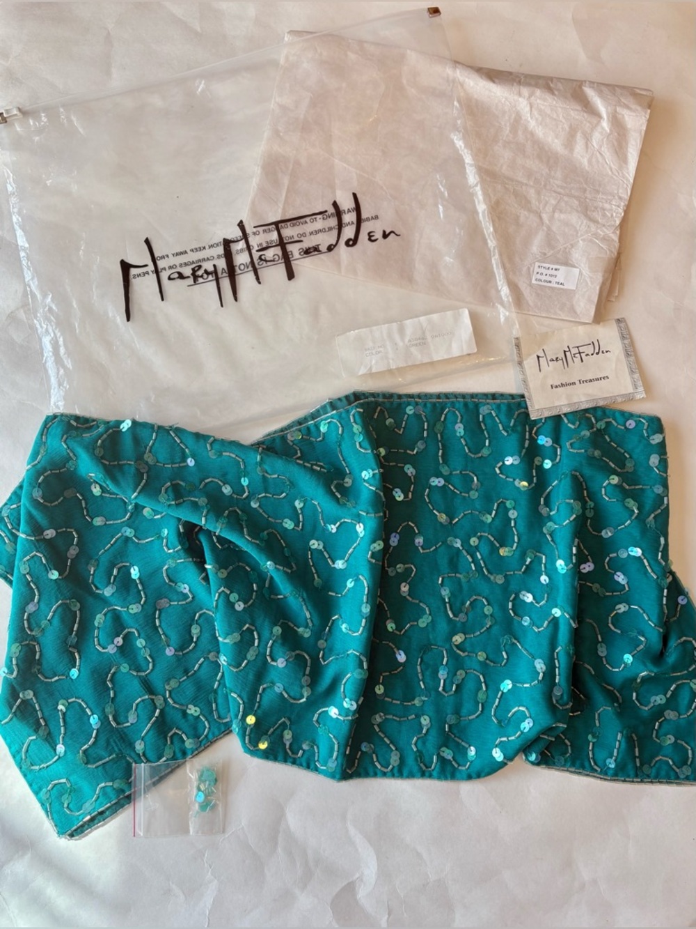 Vintage Mary McFadden Teal Beaded Scarf Original Bag Cards 100% Silk Boho Chic